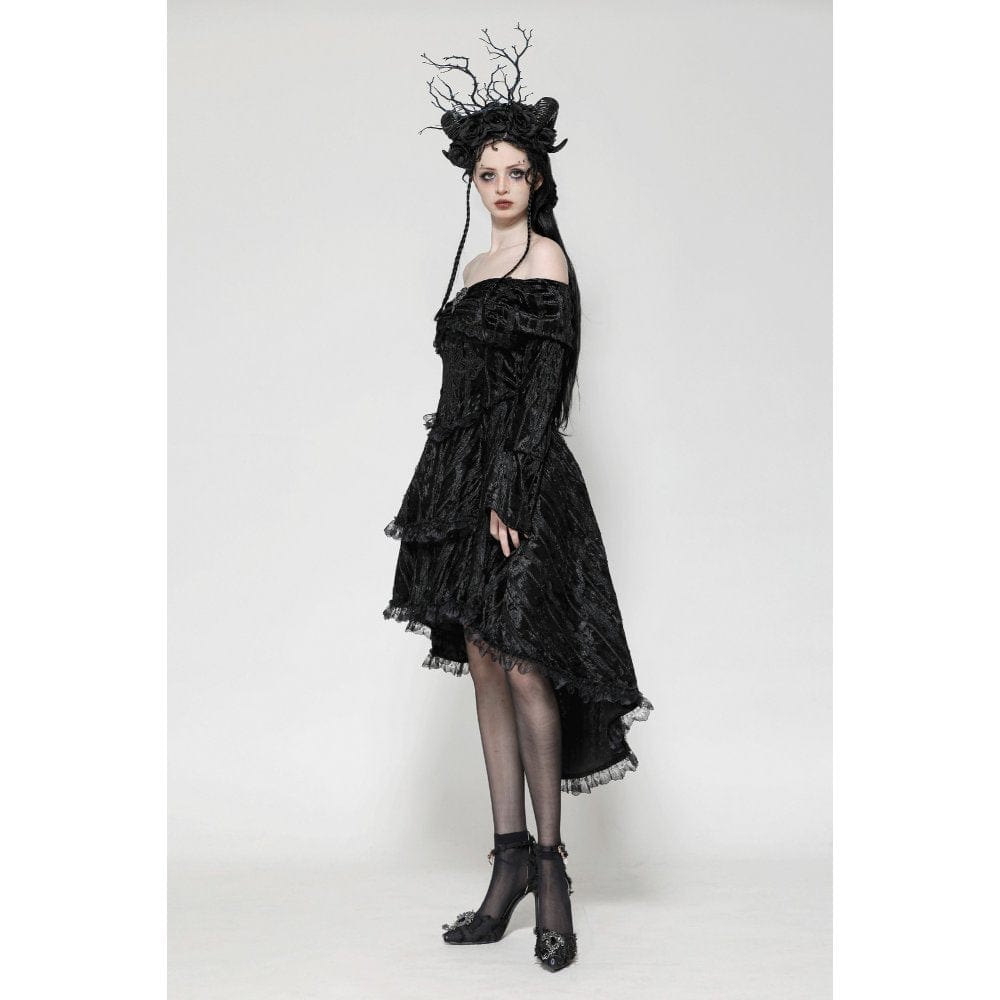 Darkinlove Women's Gothic Off-the-Shoulder High/Low Velvet Prom Dress