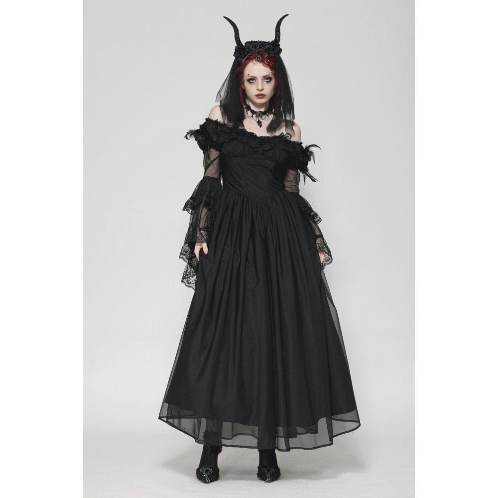 Darkinlove Women's Gothic Off-the-Shoulder Lace Splice Ball Gown Dress