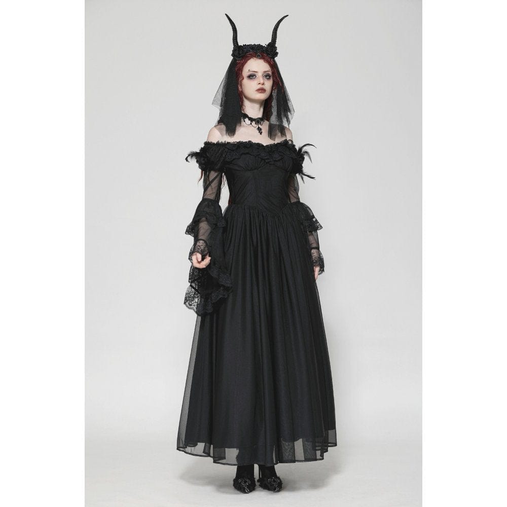 Darkinlove Women's Gothic Off-the-Shoulder Lace Splice Ball Gown Dress