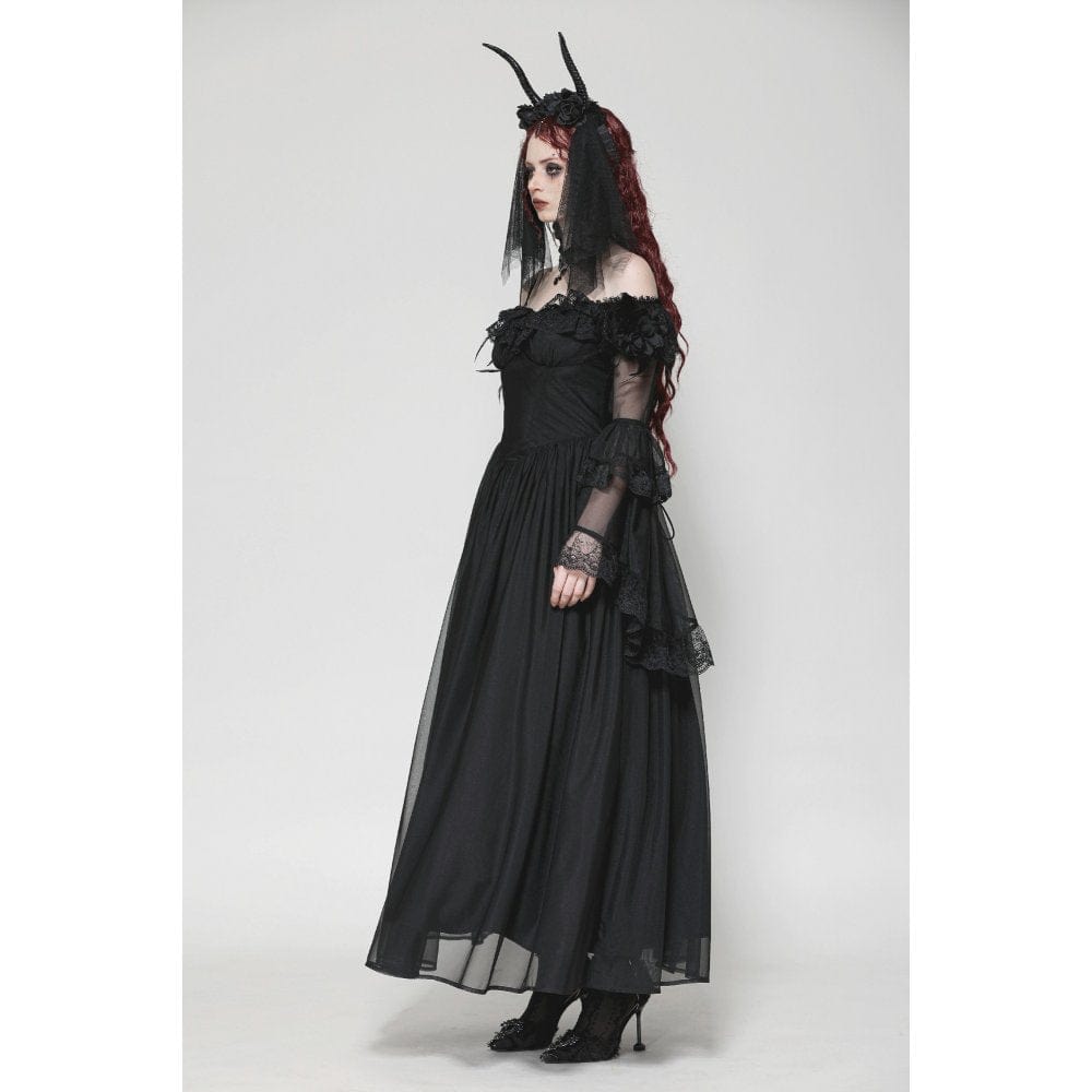 Darkinlove Women's Gothic Off-the-Shoulder Lace Splice Ball Gown Dress