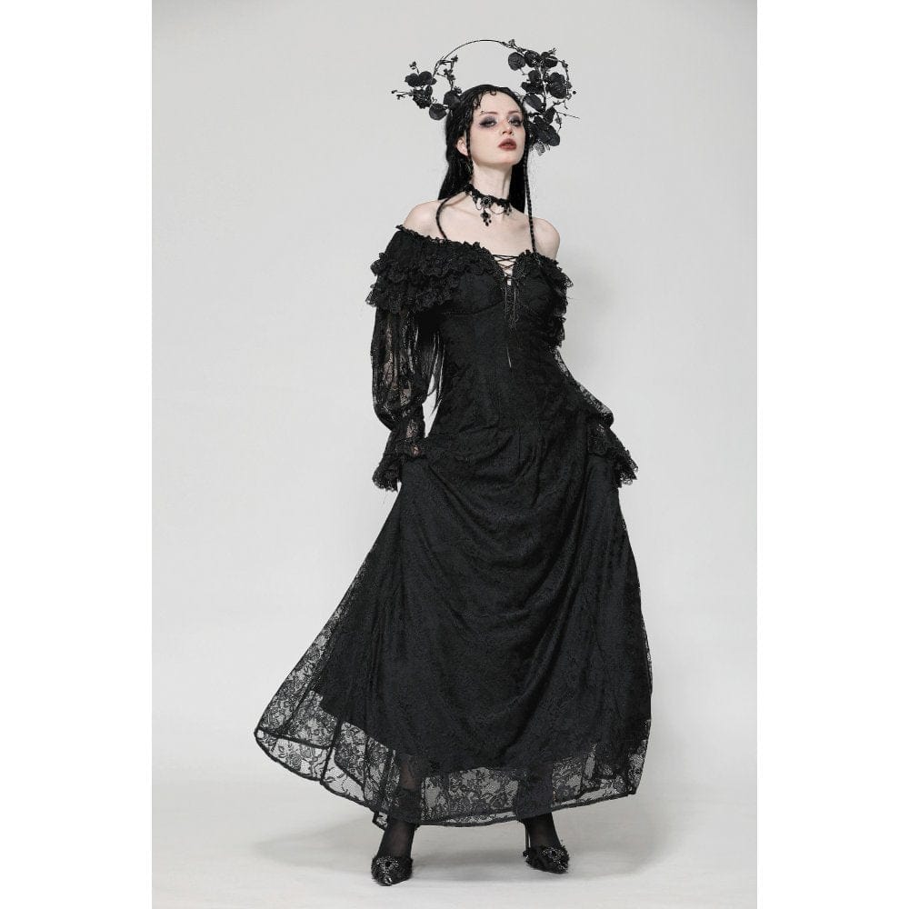 Darkinlove Women's Gothic Off-the-Shoulder Ruffled Lace Splice Prom Dress