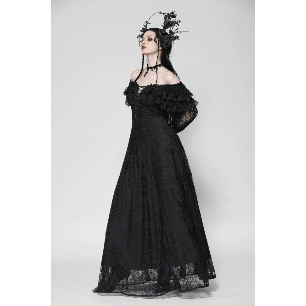 Darkinlove Women's Gothic Off-the-Shoulder Ruffled Lace Splice Prom Dress