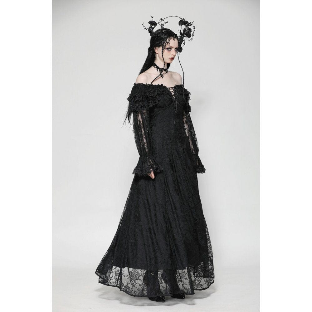 Darkinlove Women's Gothic Off-the-Shoulder Ruffled Lace Splice Prom Dress