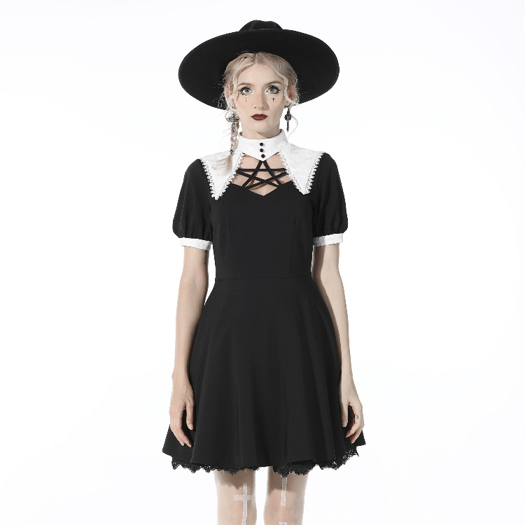 Darkinlove Women's Gothic Pentagram Cutout Black Pleated Dress