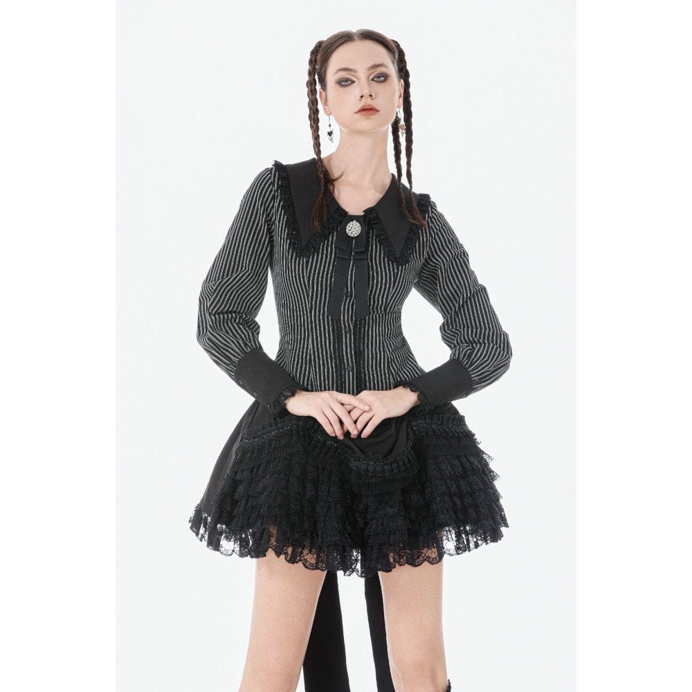 Darkinlove Women's Gothic Pinstripe Peter Pan Collar Long Sleeved Shirt