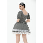 Darkinlove Women's Gothic Pinstripes Ruffles Lace Hem Dress