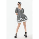 Darkinlove Women's Gothic Pinstripes Ruffles Lace Hem Dress