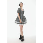 Darkinlove Women's Gothic Pinstripes Ruffles Lace Hem Dress