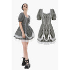 Darkinlove Women's Gothic Pinstripes Ruffles Lace Hem Dress