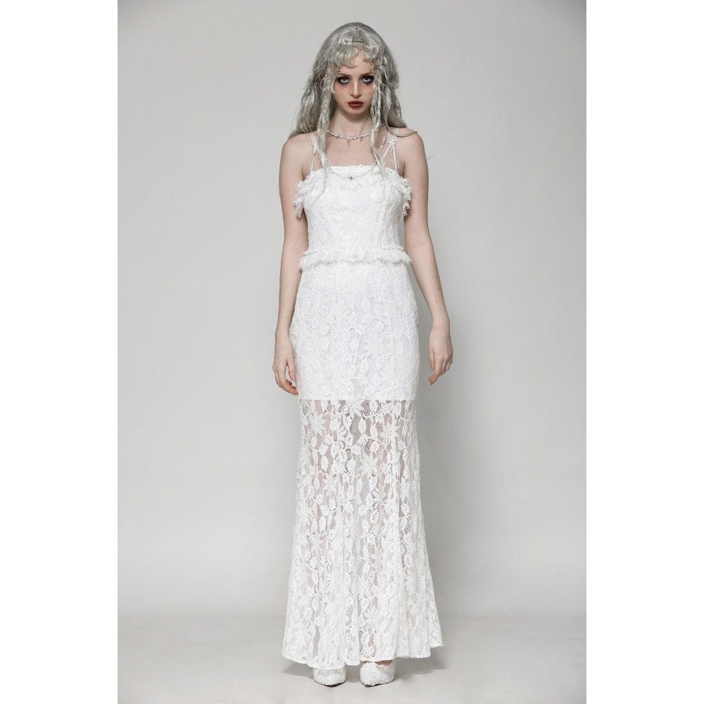 Darkinlove Women's Gothic Pleated Lace Slip Dress White Wedding Dress