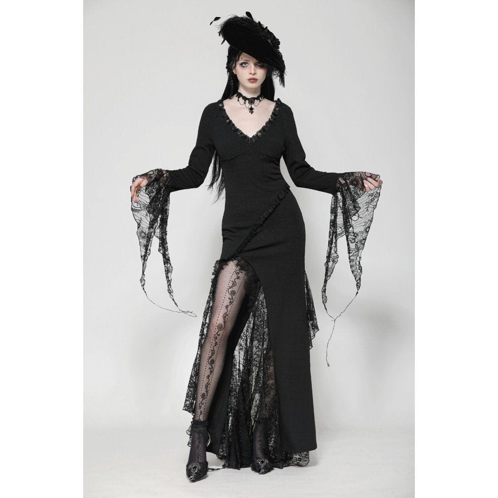 Darkinlove Women's Gothic Plunging Lace Splice Split Dress