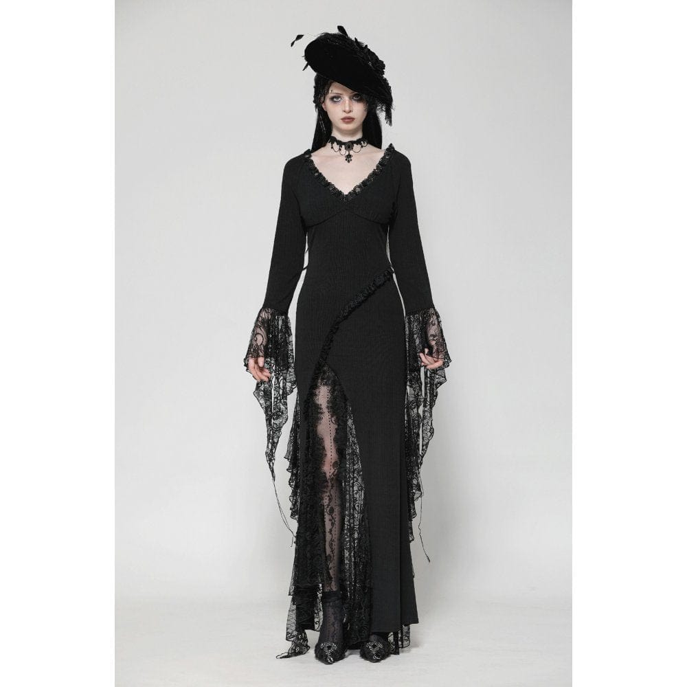 Darkinlove Women's Gothic Plunging Lace Splice Split Dress