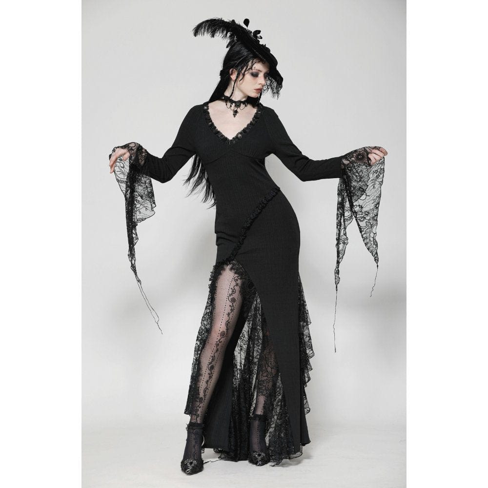 Darkinlove Women's Gothic Plunging Lace Splice Split Dress