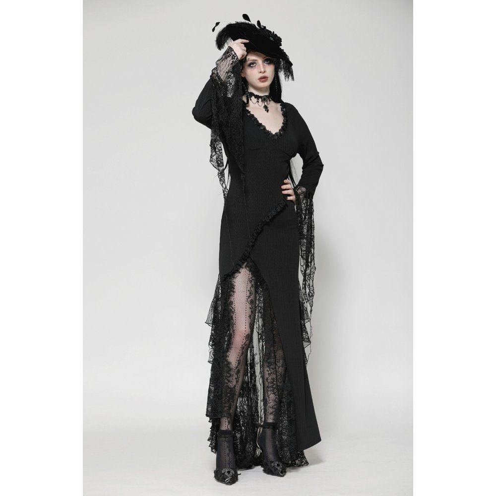 Darkinlove Women's Gothic Plunging Lace Splice Split Dress