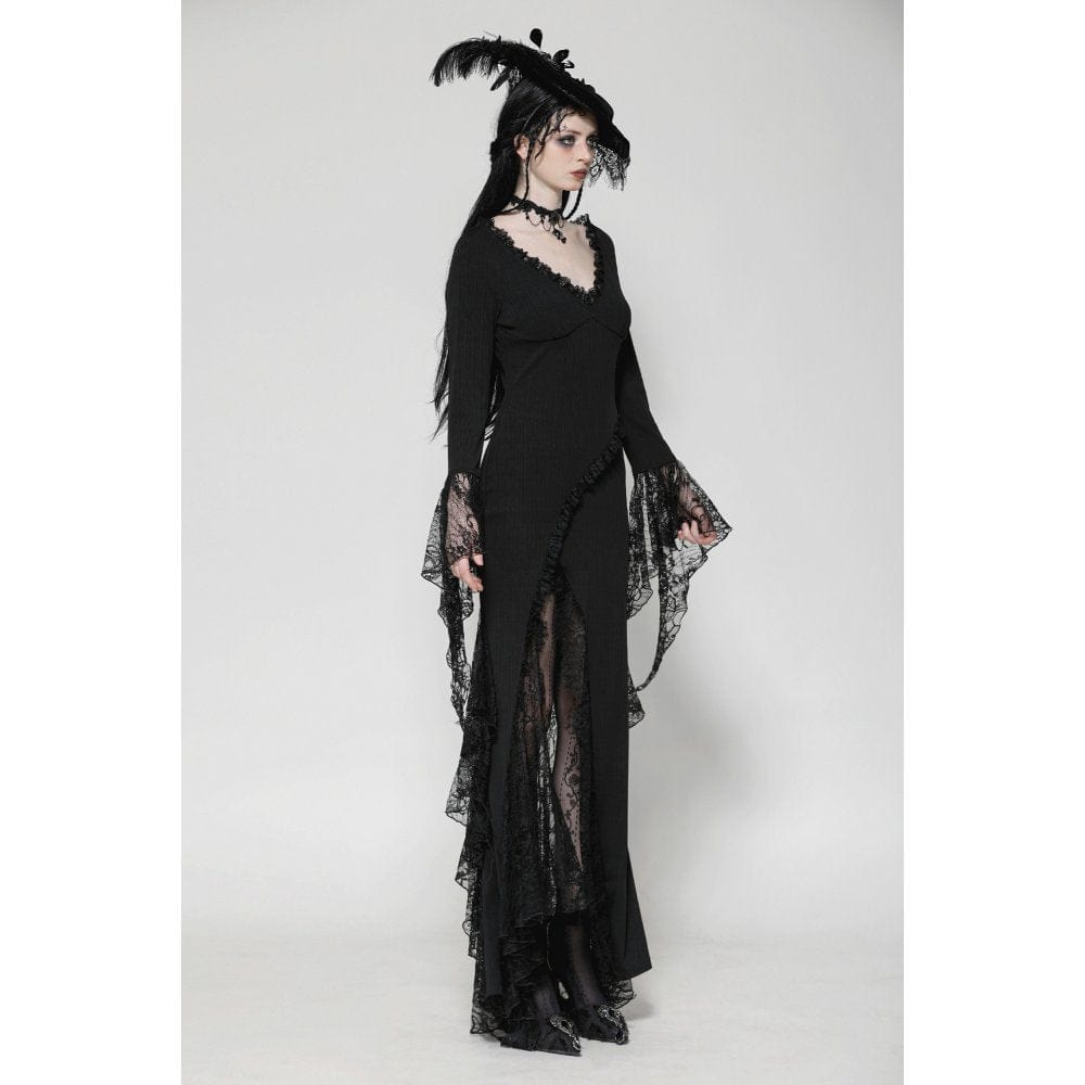 Darkinlove Women's Gothic Plunging Lace Splice Split Dress