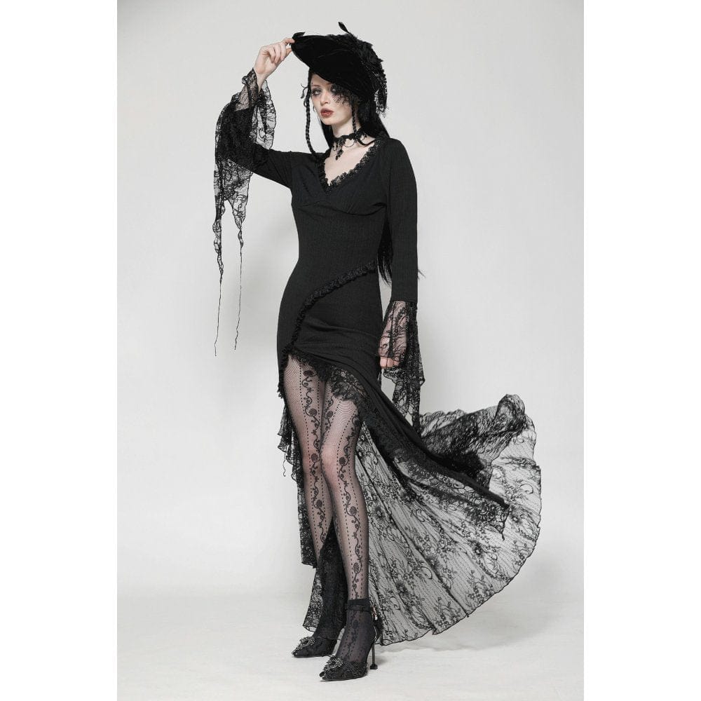 Darkinlove Women's Gothic Plunging Lace Splice Split Dress
