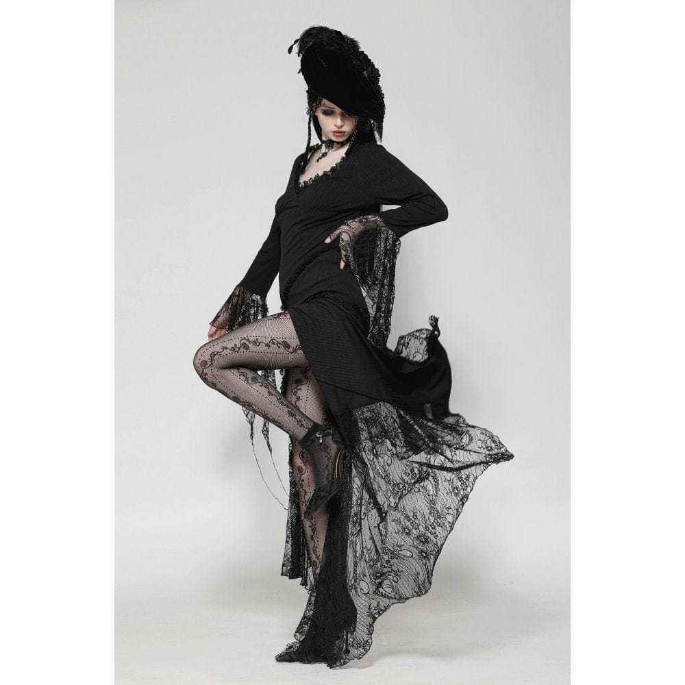 Darkinlove Women's Gothic Plunging Lace Splice Split Dress