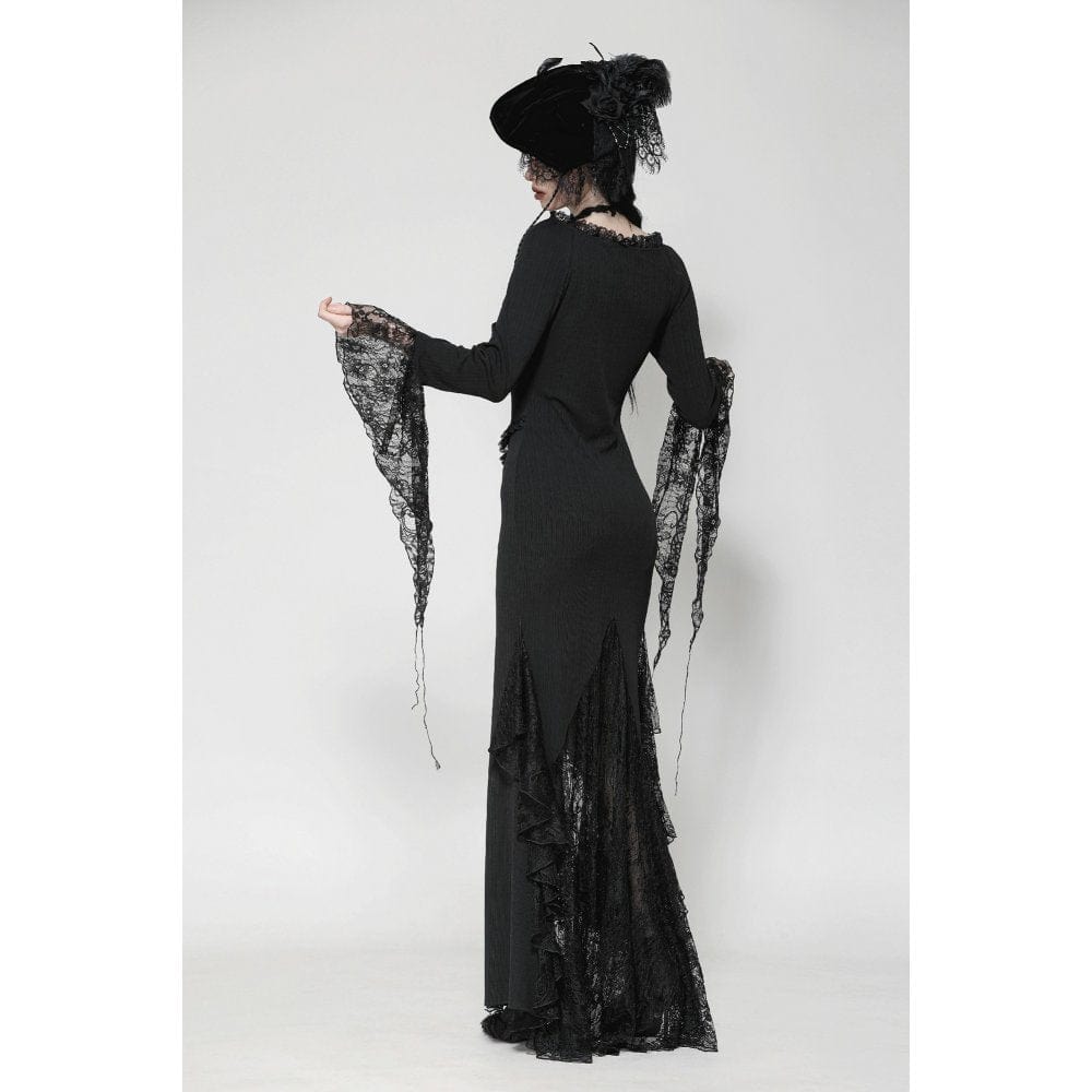 Darkinlove Women's Gothic Plunging Lace Splice Split Dress