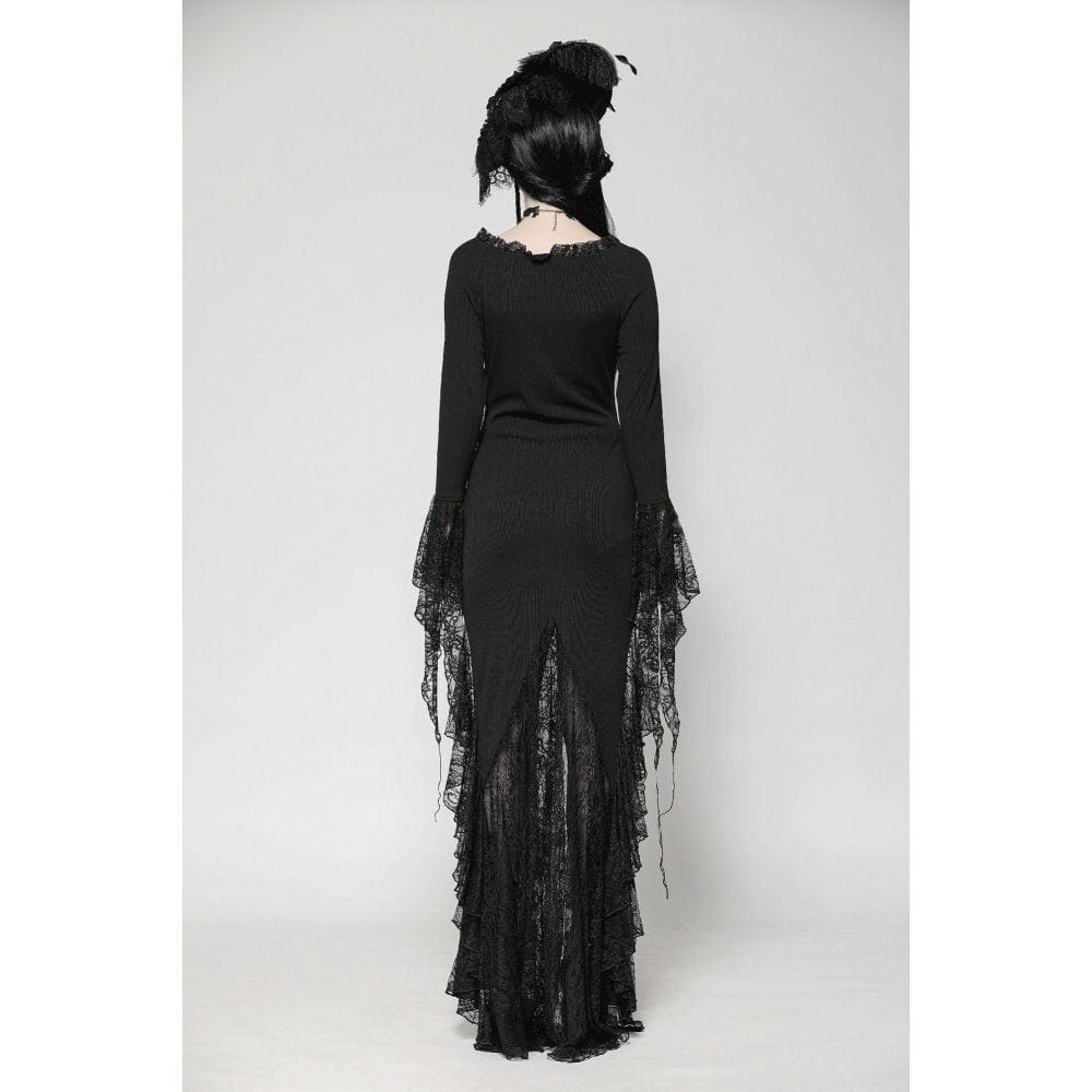 Darkinlove Women's Gothic Plunging Lace Splice Split Dress