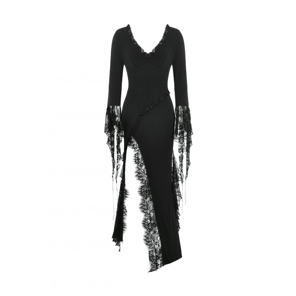 Darkinlove Women's Gothic Plunging Lace Splice Split Dress