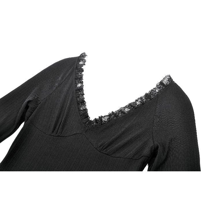 Darkinlove Women's Gothic Plunging Lace Splice Split Dress