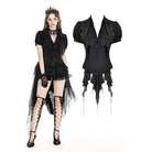 Darkinlove Women's Gothic Plunging Pleated Puff Short Sleeved Blouse