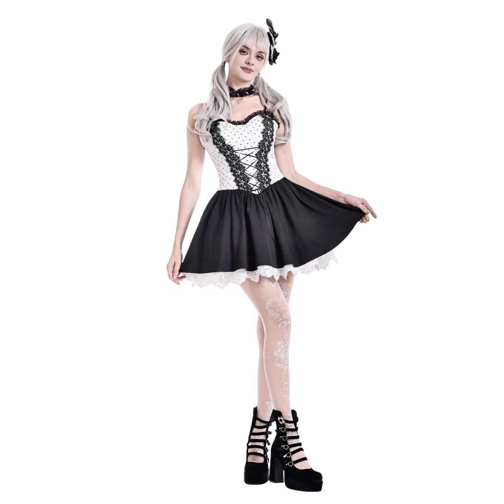 Darkinlove Women's Gothic Polka Dot Lace-up Flared Slip Dress