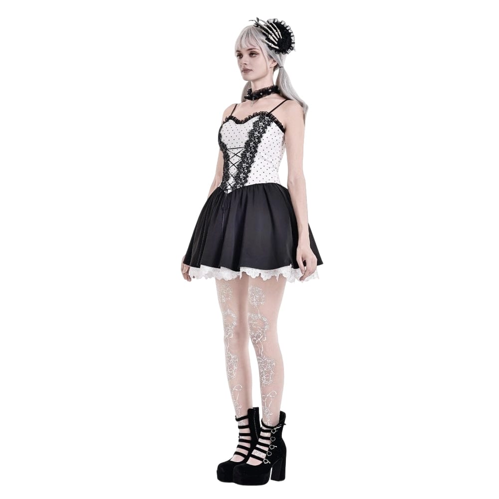 Darkinlove Women's Gothic Polka Dot Lace-up Flared Slip Dress