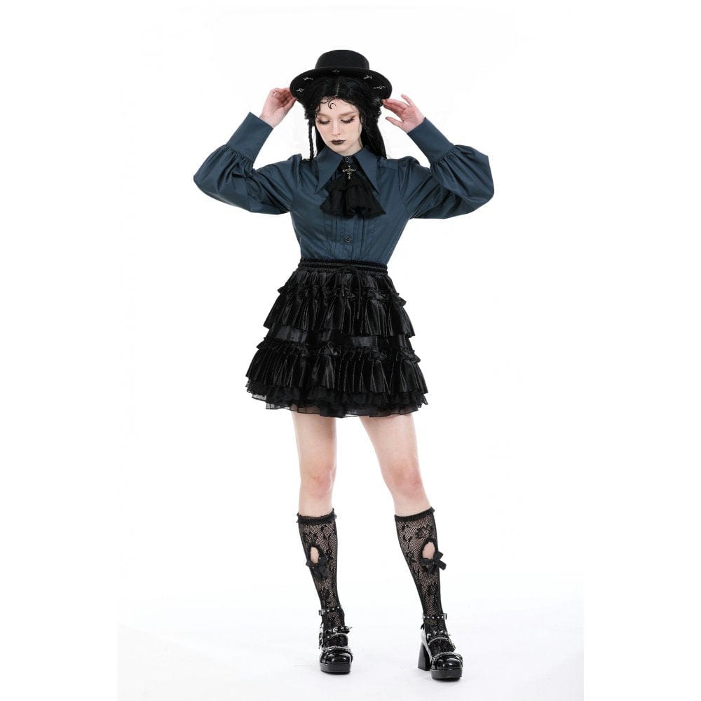 Darkinlove Women's Gothic Puff Sleeved Bat Collar Shirt with Neckwear