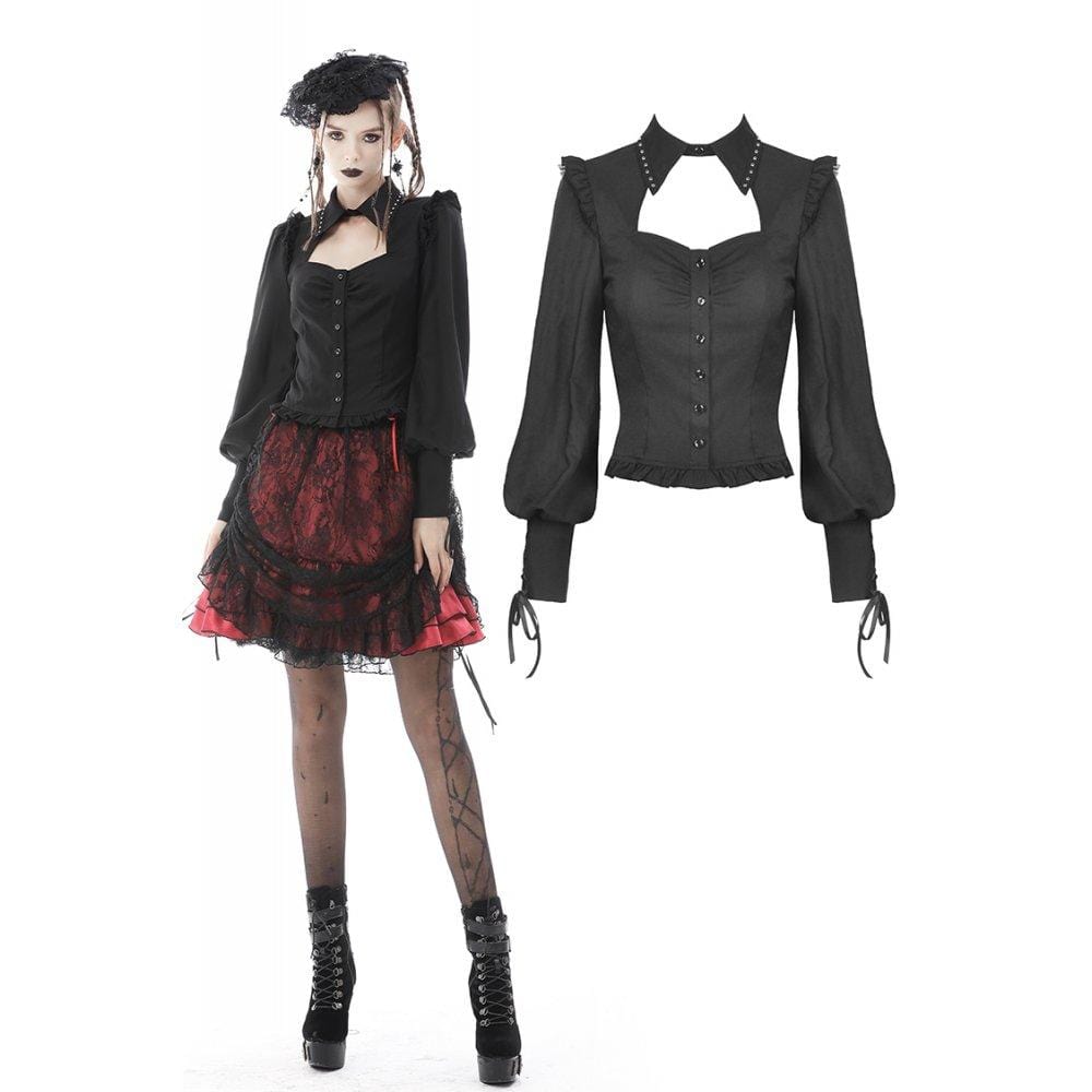 Darkinlove Women's Gothic Puff Sleeved Cutout Ruffled Shirt