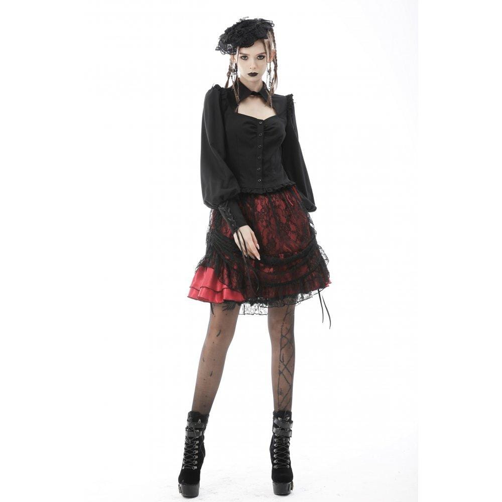 Darkinlove Women's Gothic Puff Sleeved Cutout Ruffled Shirt