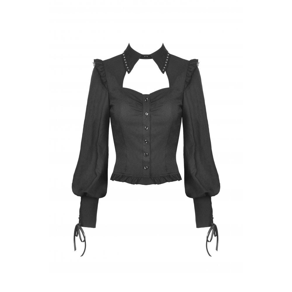 Darkinlove Women's Gothic Puff Sleeved Cutout Ruffled Shirt