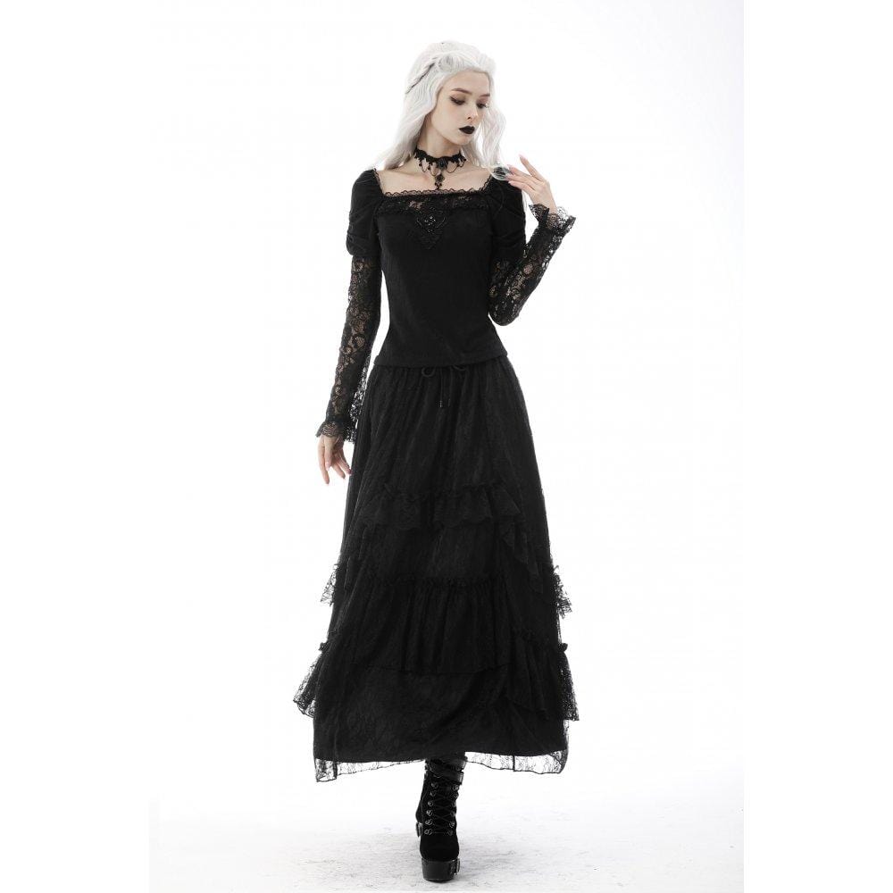 Darkinlove Women's Gothic Puff Sleeved Lace Embossing Top