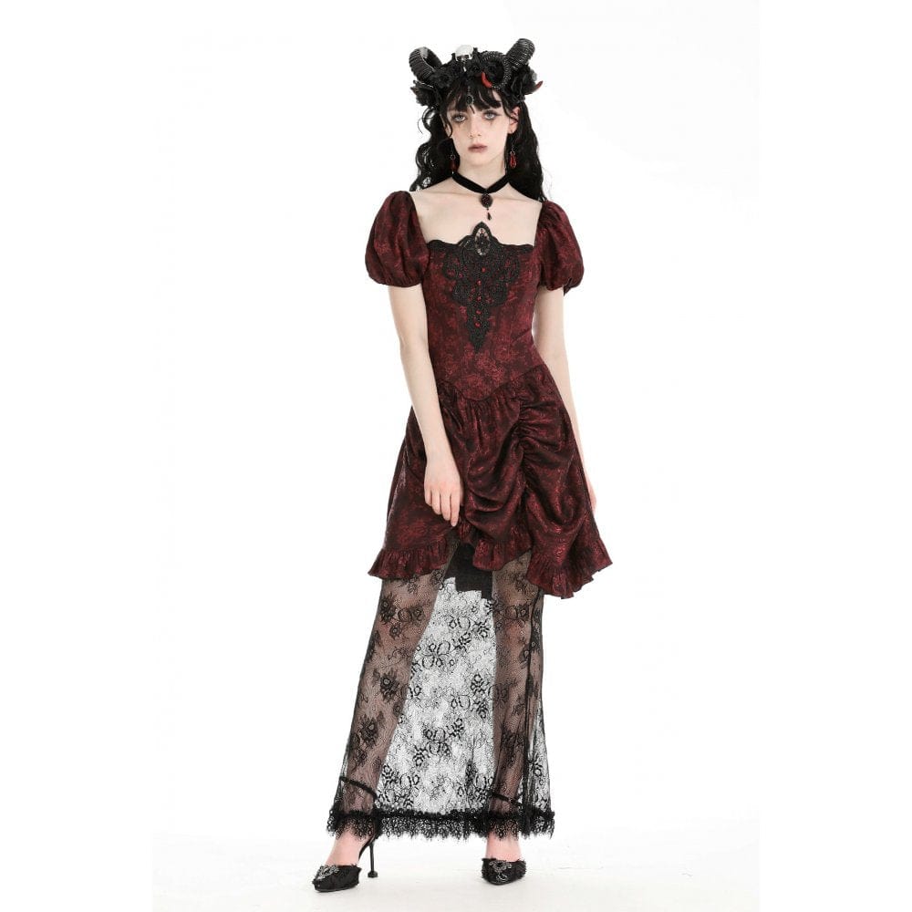 Darkinlove Women's Gothic Puff Sleeved Lace Splice Red Prom Dress