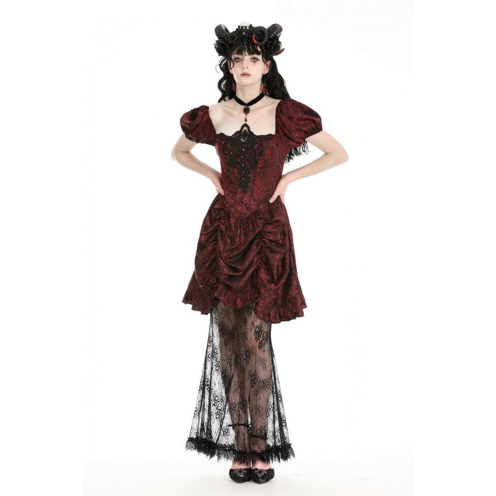 Darkinlove Women's Gothic Puff Sleeved Lace Splice Red Prom Dress