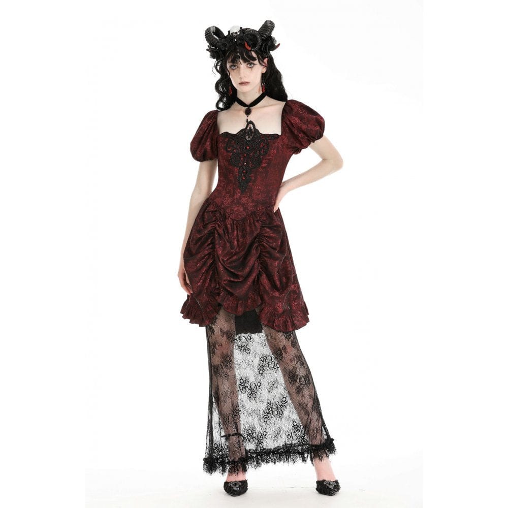 Darkinlove Women's Gothic Puff Sleeved Lace Splice Red Prom Dress