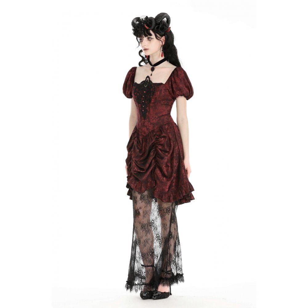 Darkinlove Women's Gothic Puff Sleeved Lace Splice Red Prom Dress