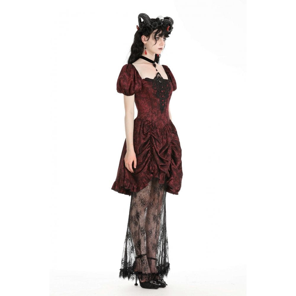 Darkinlove Women's Gothic Puff Sleeved Lace Splice Red Prom Dress