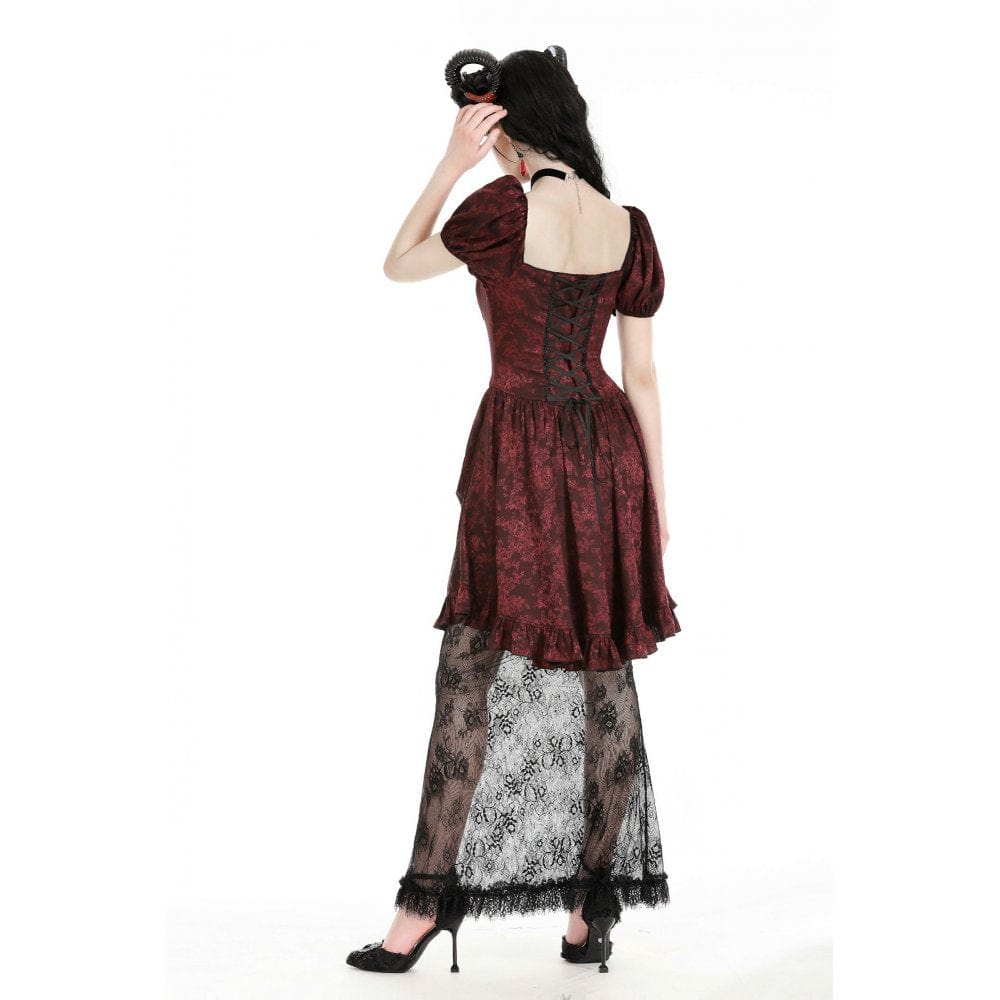 Darkinlove Women's Gothic Puff Sleeved Lace Splice Red Prom Dress