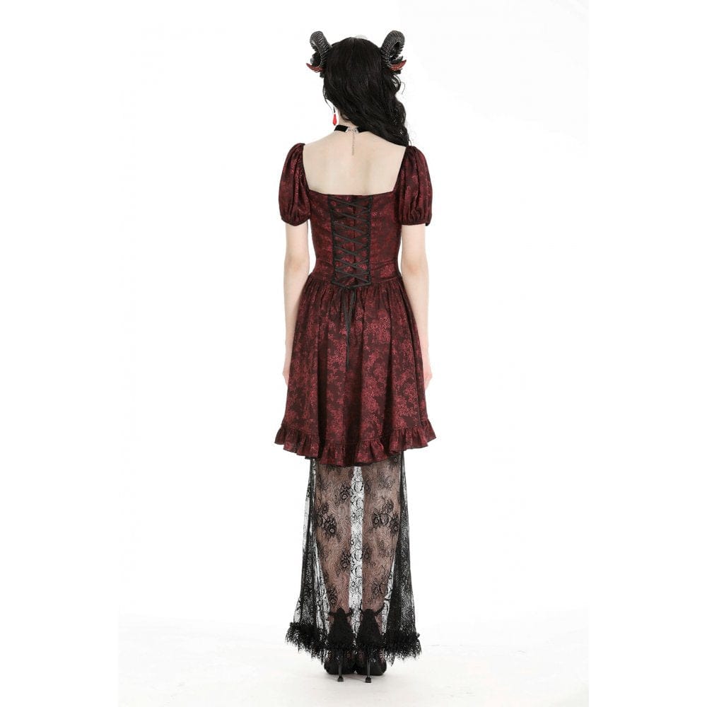 Darkinlove Women's Gothic Puff Sleeved Lace Splice Red Prom Dress