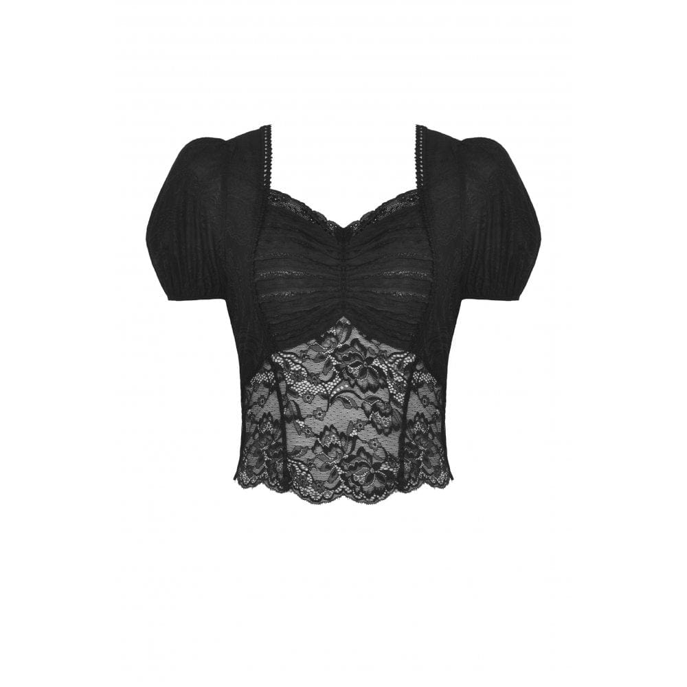 Darkinlove Women's Gothic Puff Sleeved Lace Splice Shirt