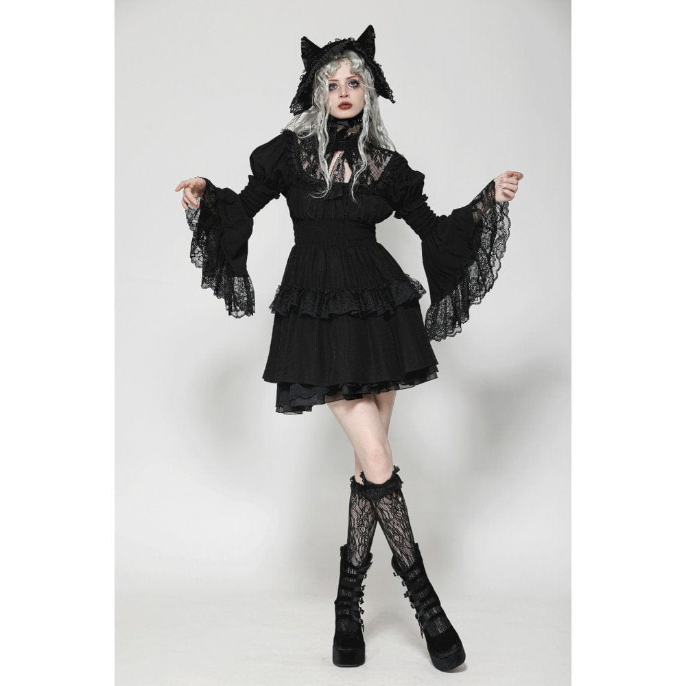 Darkinlove Women's Gothic Puff Sleeved Layered Ruffled Grad Dress