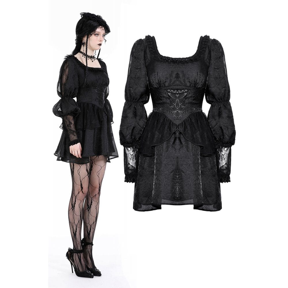 Darkinlove Women's Gothic Puff Sleeved Mesh Splice Dress