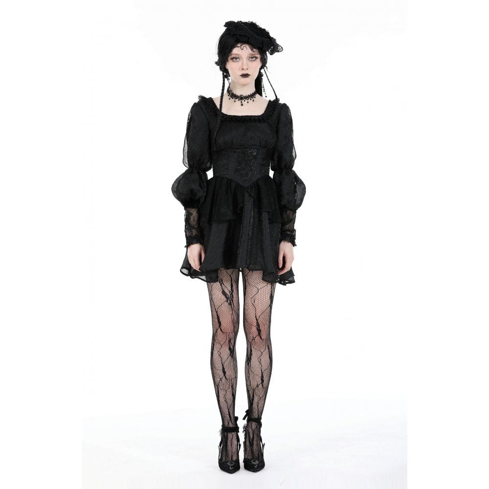 Darkinlove Women's Gothic Puff Sleeved Mesh Splice Dress