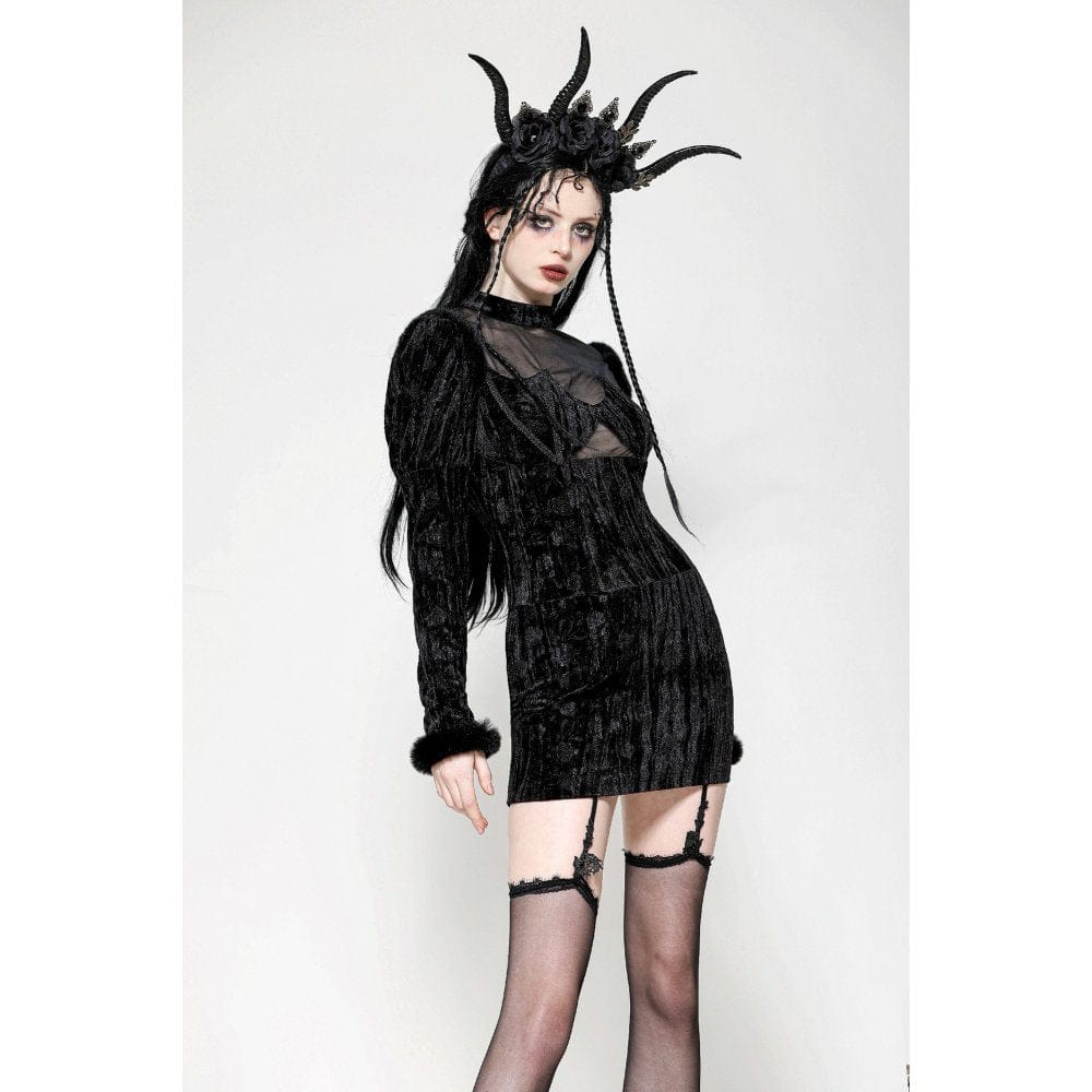 Darkinlove Women's Gothic Puff Sleeved Mesh Splice Velvet Formal Dress