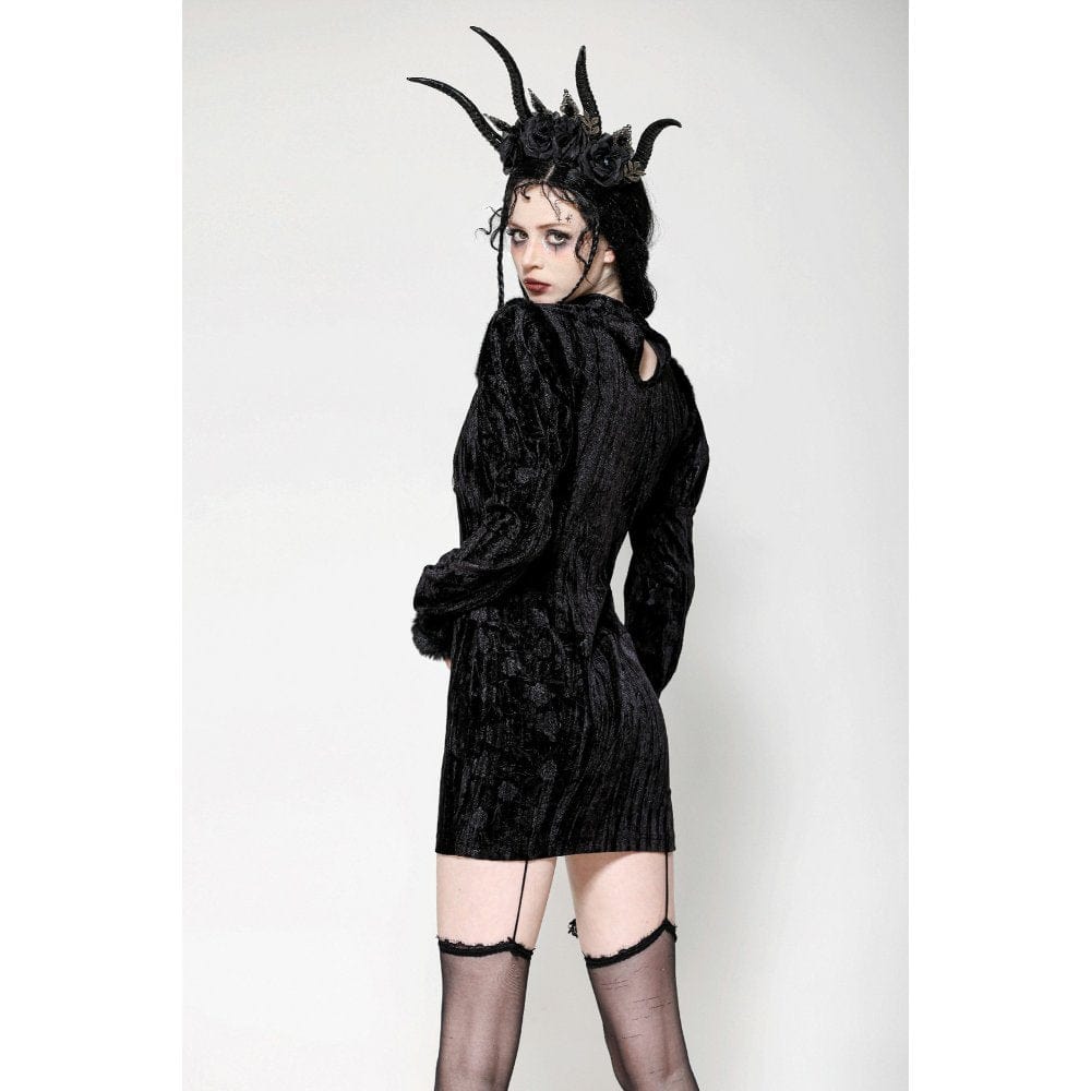 Darkinlove Women's Gothic Puff Sleeved Mesh Splice Velvet Formal Dress