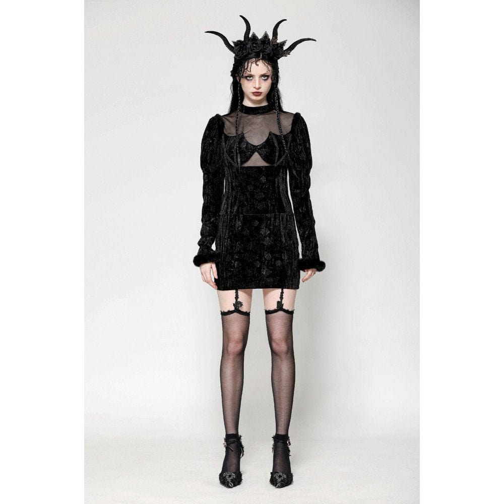 Darkinlove Women's Gothic Puff Sleeved Mesh Splice Velvet Formal Dress
