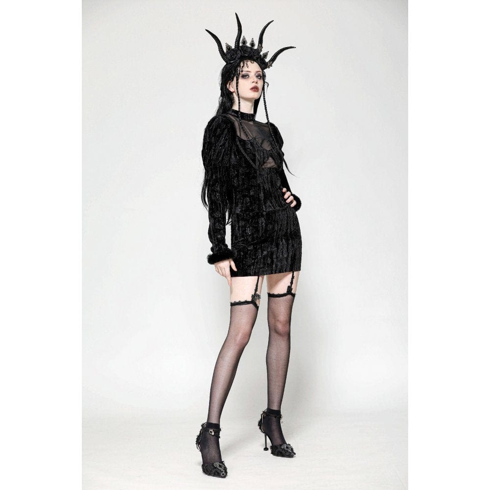 Darkinlove Women's Gothic Puff Sleeved Mesh Splice Velvet Formal Dress