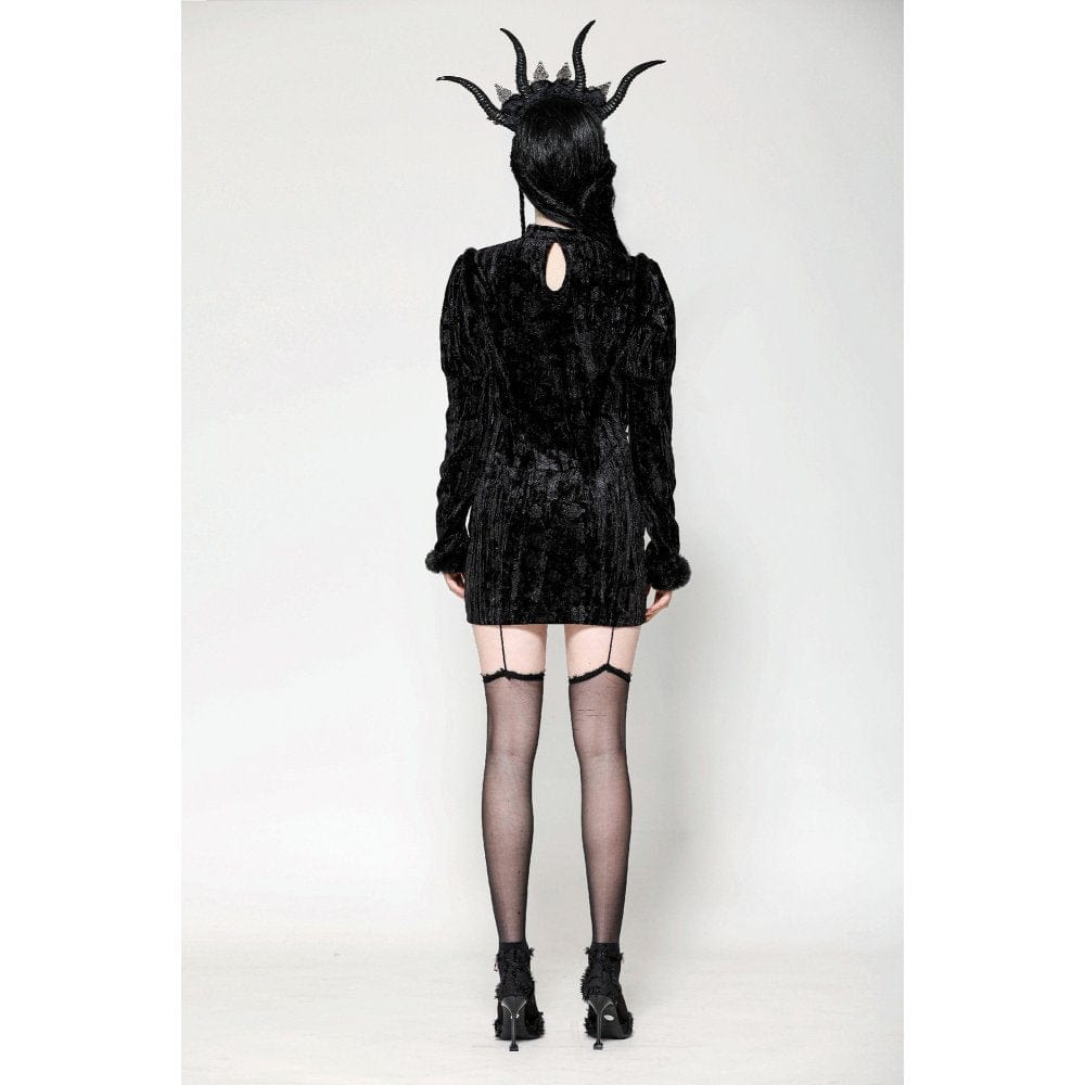 Darkinlove Women's Gothic Puff Sleeved Mesh Splice Velvet Formal Dress