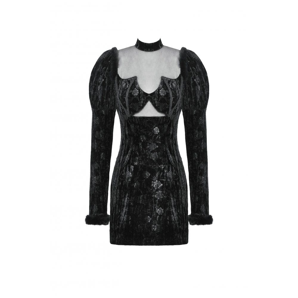 Darkinlove Women's Gothic Puff Sleeved Mesh Splice Velvet Formal Dress
